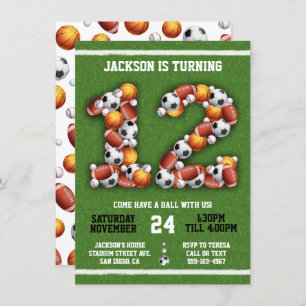 Sports Balles à thème 12e anniversaire Invitation 