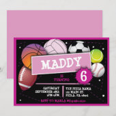 SPORTS BALLES FILLES Invitation fête d'anniversair (Devant / Derrière)