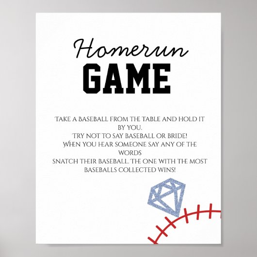Sports Baseball Homerun Glitter Bridal Shower Game Poster (Voorkant)