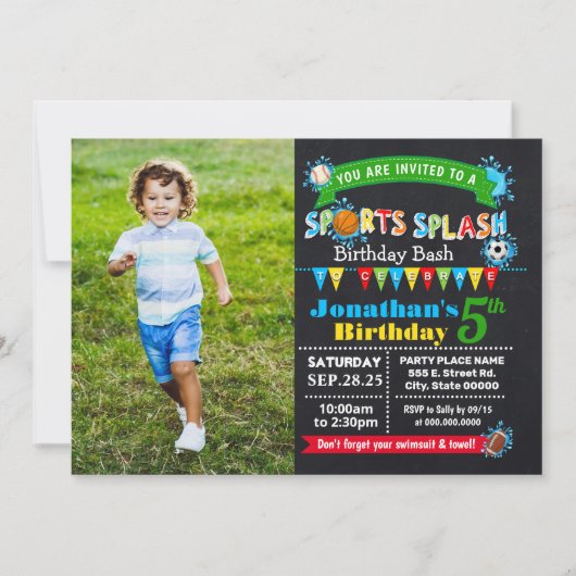 Sports splash verjaardagsfeest zomer water kaart (Voorkant)