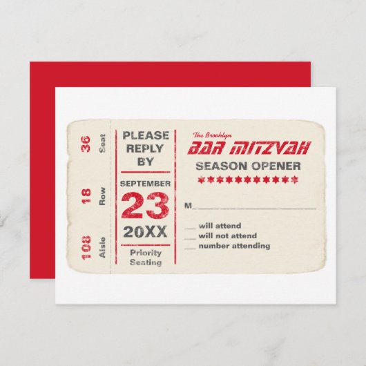 Sports Star Bar Mitzvah RSVP Reply Card en rouge (Devant / Derrière)
