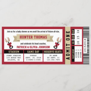 Sportticket Baby shower Invitation, Rood, Tan Kaart