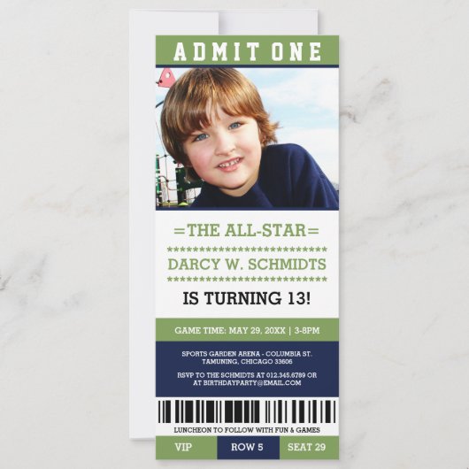 Sportticket verjaardagsfeestje uitnodigt kaart (Voorkant)