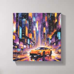 Sportwagen in het moderne stadsnachtlandschap canvas afdruk