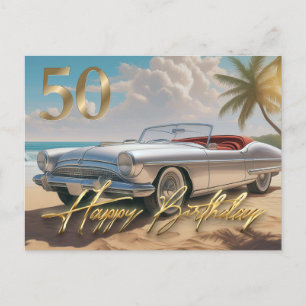  sportwagen op een tropisch strand Happy 50th Briefkaart