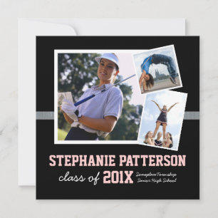 Sporty 3 - Faire-part de diplôme photo rose noir