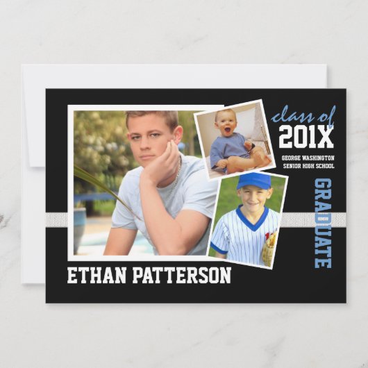 Sporty 3 Photo Graduation Faire-part Black Blue (Devant)