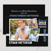 Sporty 3 Photo Graduation Faire-part Black Blue (Devant / Derrière)