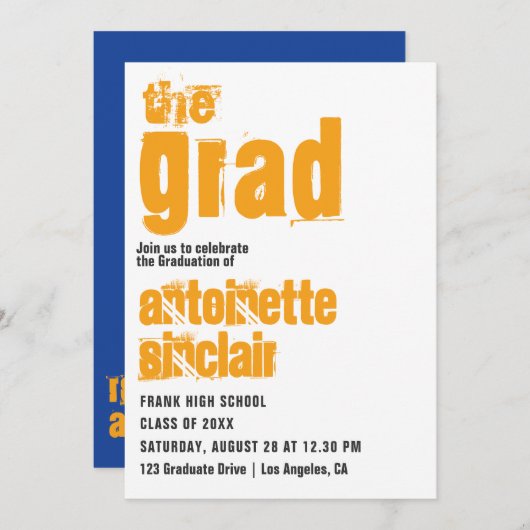 Sporty Blue et Orange Typographie Grad Invitation (Devant / Derrière)