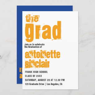 Sporty Blue et Orange Typographie Grad Invitation