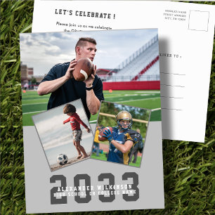 Sporty Guy Modern Bold Script 3 Foto Afstuderen Uitnodiging Briefkaart