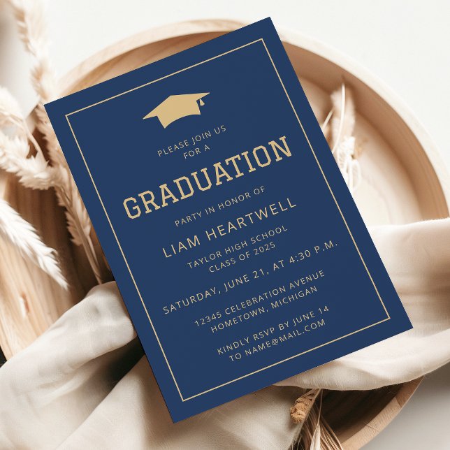 Sporty Navy Blue Gold Graduation Party Invitation (Créateur téléchargé)