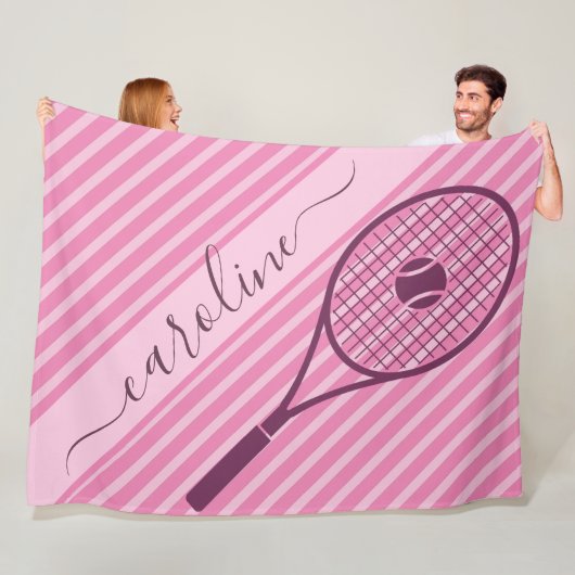 Sporty Pink Striped Tennis Racket & Ball Name Cute Fleece Deken (In situ)