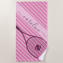 Sporty Striped Pink Tennis Racket Ball Girl's Name Strandlaken
