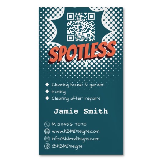 Spotless Blue: aangepaste huisreiniging QR-code Magnetisch Visitekaartje (Voorkant Verticaal)