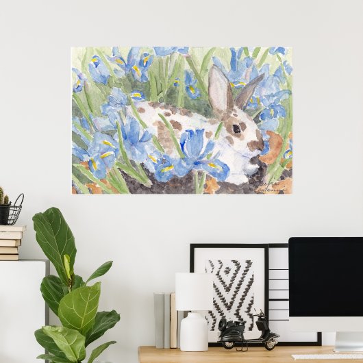 Spotte konijn in Springtime Nederlandse Irises Poster (Thuiskantoor)