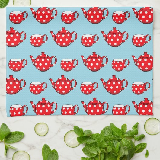 Spotty Red Teapot and Cups Pattern Theedoek (Gevouwen)