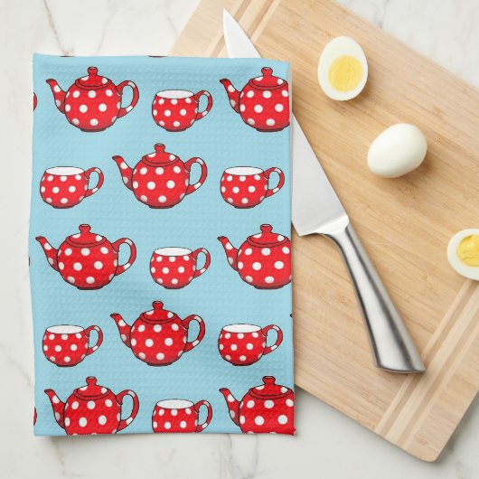 Spotty Red Teapot and Cups Pattern  Theedoek (Quarter Fold)