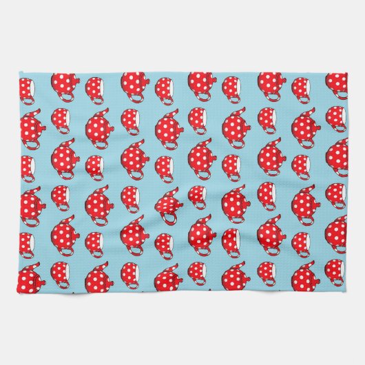 Spotty Red Teapot and Cups Pattern Theedoek (Horizontaal)