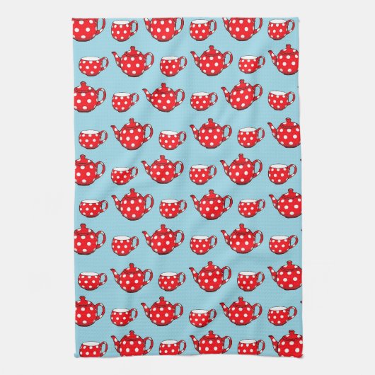 Spotty Red Teapot and Cups Pattern Theedoek (Verticaal)