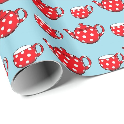 Spotty Red Teapot en Cups Blue Pattern Cadeaupapier (Rol Hoek)