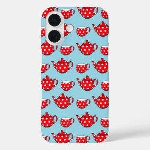 Spotty Red Teapot en Cups Blue Pattern iPhone 16 Hoesje