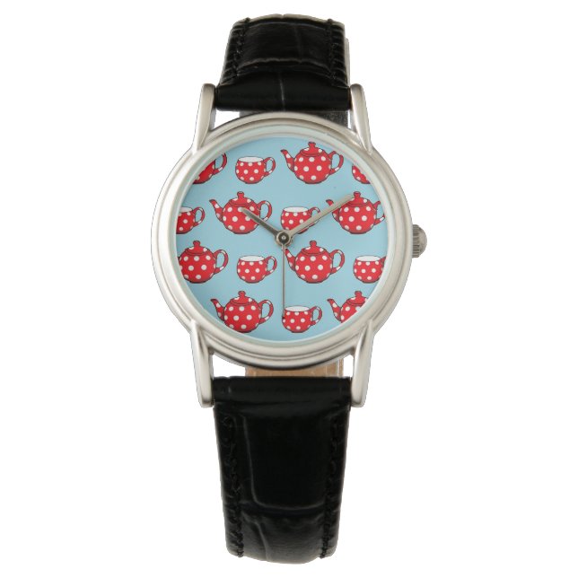 Spotty Red Teapot en Cups Blue Pattern Horloge (Voorkant)
