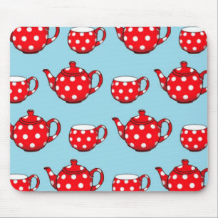 Spotty Red Teapot en Cups Blue Pattern Muismat