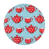 Spotty Red Teapot en Cups Blue Pattern Snijplank (Voorkant)