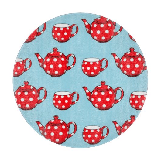 Spotty Red Teapot en Cups Blue Pattern Snijplank (Voorkant)