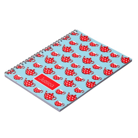 Spotty Red Teapot en Cups Pattern Personalized Notitieboek (Linkerzijde)