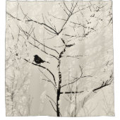 Spotvogel in Tree Light Cream Charcoal Black Douchegordijn (Voorkant)