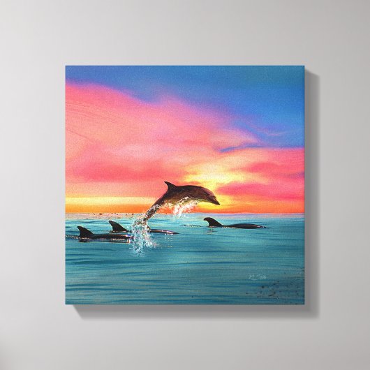 Sprankelende dolfijnen strand zonsondergang canvas afdruk (Voorkant)