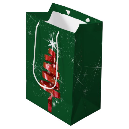 Sprankelende rode lint kerstboom medium cadeauzakje (Voorkant Gekanteld)