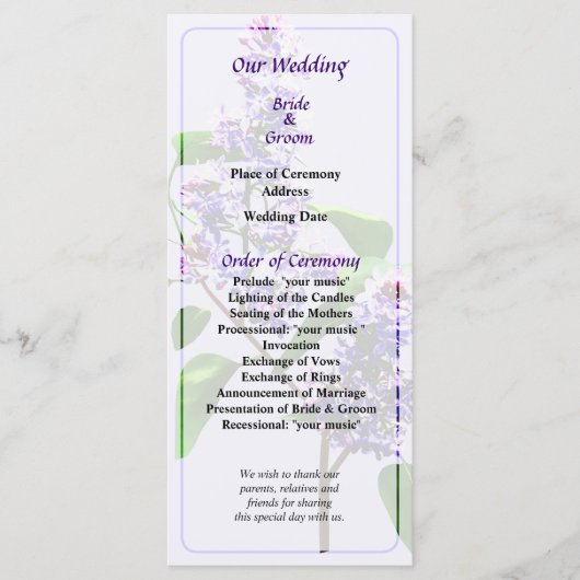 Spray of Lilacs Wedding Programme Programma (Voorkant)