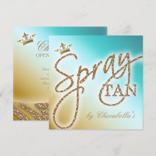 Spray Tan Gold Glitter Crown Salon Invitation Kaart (Voorkant / Achterkant)