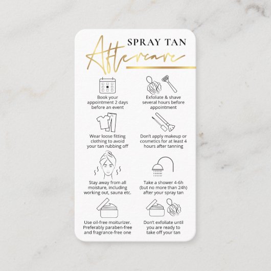 Spray Tanning Aftercare Guide wit & goud Visitekaartje (Voorkant)