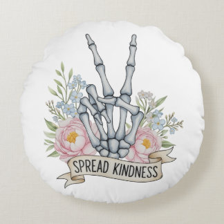 "Spread Kindness" Skeleton Peace Sign – Watercolor Rond Kussen