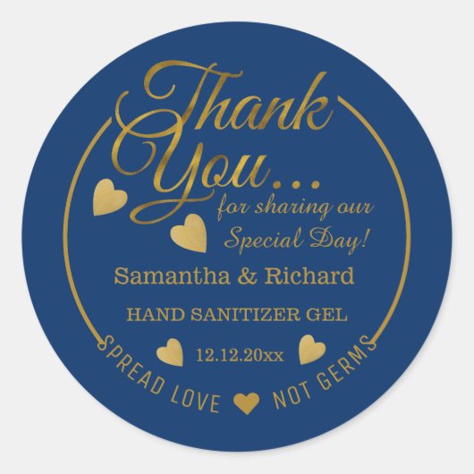 Spread Love Hand Sanitizer Blue Gold Bedankt Ronde Sticker (Voorkant)