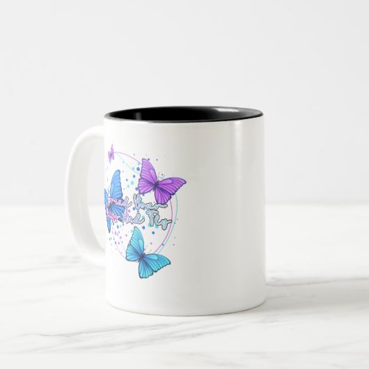 Spreid je vleugels en vlieg vlinder tweekleurige koffiemok (Voorkant links)