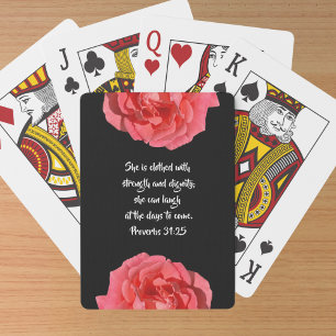 Spreuken 31:25 Bijbelvers Rood Roos op Zwart Pokerkaarten