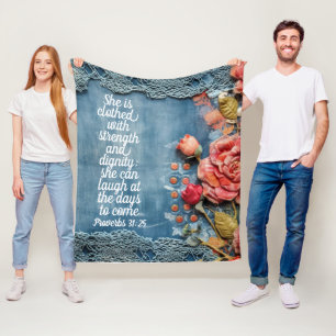 Spreuken 31:25 Vliesdeken Bijbelvers Bloemmotief Fleece Deken