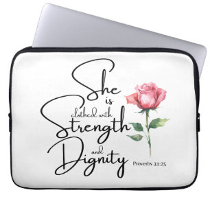 Spreuken 31:25 Ze is gekleed Bijbel Verse Bloem Laptop Sleeve
