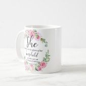 Spreuken 31:27 Moederdag Schriftplaats Roze Bloem Koffiemok (Voorkant links)