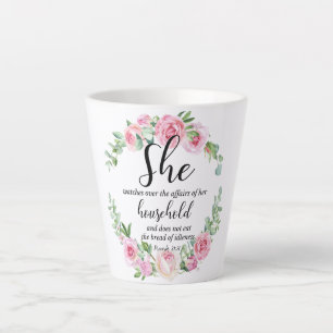 Spreuken 31:27 Moederdag Schriftplaats Roze Bloem Latte Mok