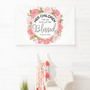 Spreuken 31:28 Moederdag Schrift Roze bloemen Spandoek