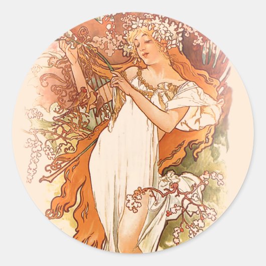 Spring - Alphonse Mucha Art Nouveau Ronde Sticker (Voorkant)