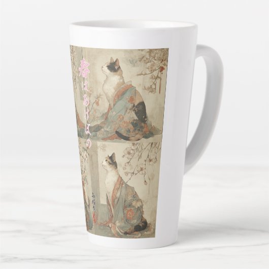 "Spring at Dawn" Japanese Cat in Kimono Art Latte Mok (Rechterhoek)