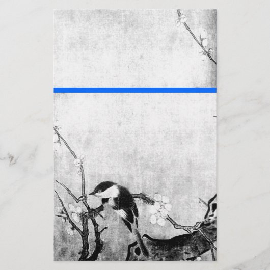 SPRING BIRD EN FLOWER TREE Black White Blue Briefpapier (Voorkant)