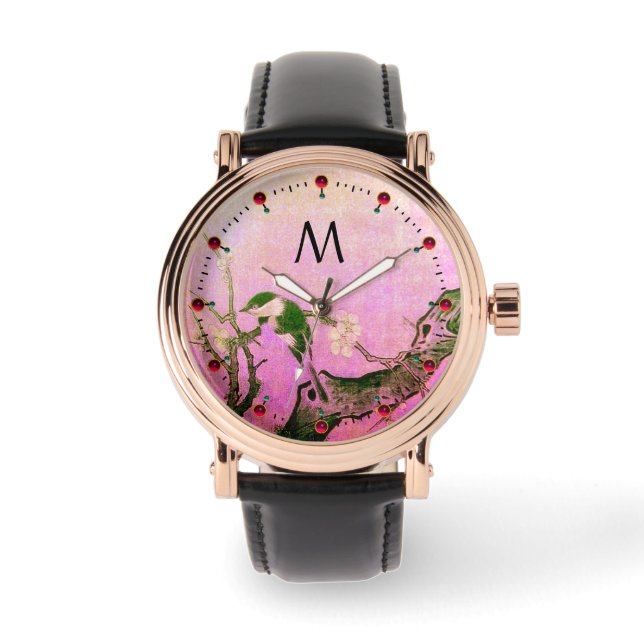 SPRING BIRD, FLOWER TREE Black Pink Monogram Horloge (Voorkant)